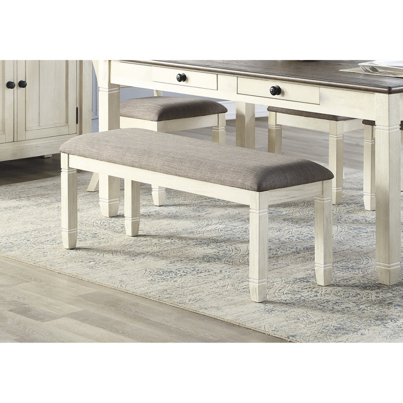 Antique White Upholstered Dining Bench For Home - 48" Seat, Gray Textured Fabric, 300Lbs Weight Capacity, Wooden With Finish Room Use