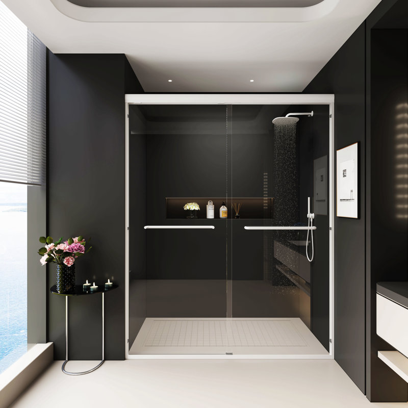 56" - 60" W X 72" H Double Sliding Shower Door, Semi-Frameless Bypass Bathroom Sliding Door With 1/4" (6Mm) Tempered Glass For Walk-In Shower, White