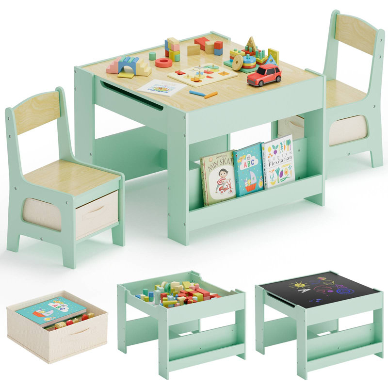 Kids Table And Chairs Set, 4 In 1 Toddler Art Desk With Storage Drawer, Wooden Activity Deskboard, Blackboard, Reversible & Detachable Tabletop, Bookshelf For Drawing, Playing, Learning(Green)