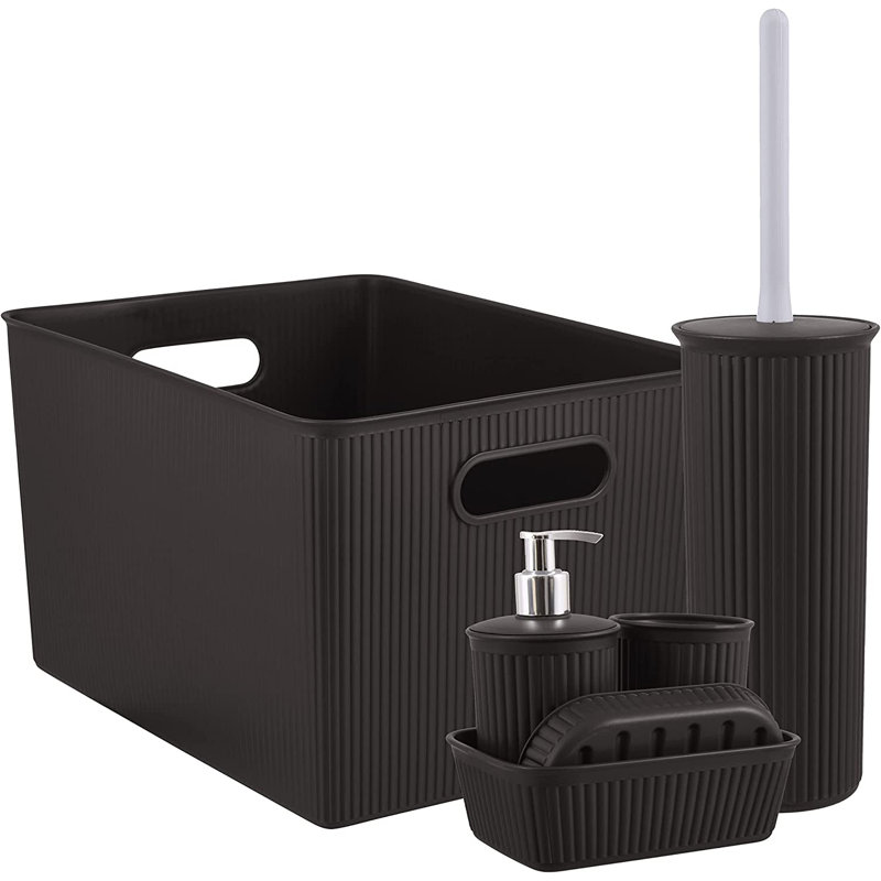 Ensemble d'accessoires de salle de bain nervuré 6 pièces, Noir