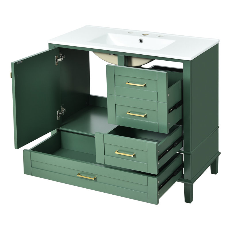 Armoire de salle de bain 36 po, pin massif, 3 tiroirs, cuve en céramique, rangement moderne, structure en pin, option polyvalente