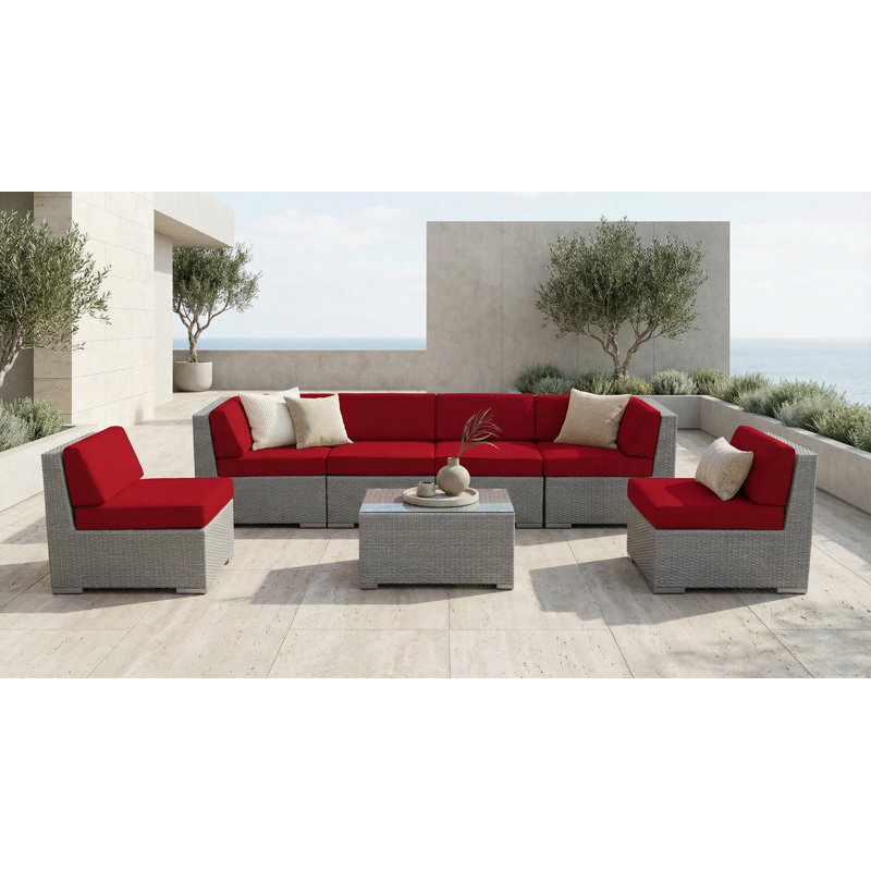 Ensemble de conversation en osier pour 6 personnes avec coussins Barneveld - sans assemblage, Toile Sunbrella® rouge Jockey