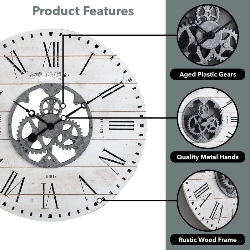 Oversized White Shiplap Gears Wall Clock with Galvanized Center