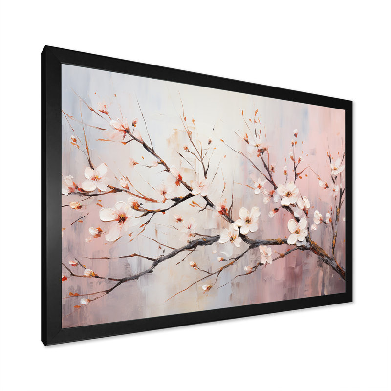 Cerisier rose et blanc 2 - Art mural cerise, H 16 po x l 32 po x P 1 po, Cadre d'angle fermé noir