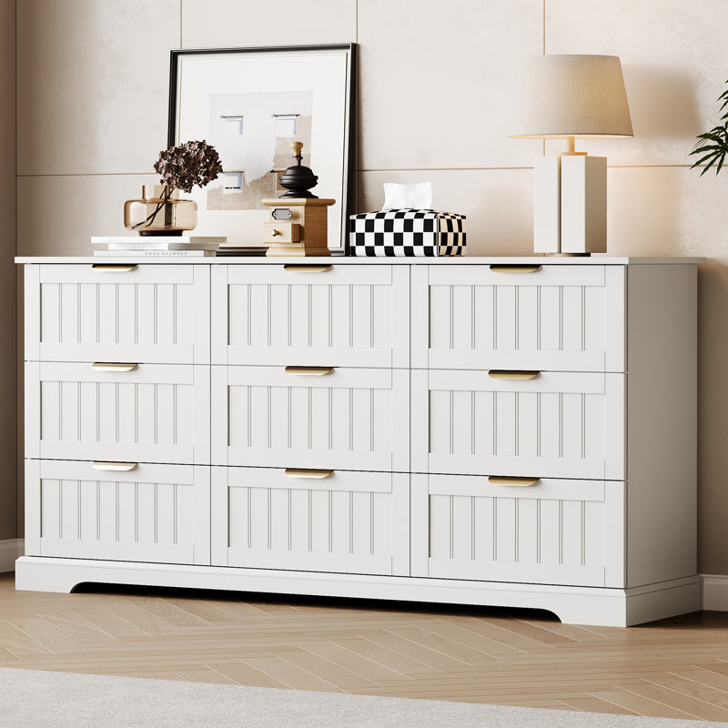 9-Drawer Dresser, 63"W Modern Chest of Drawers with Metal Handle, White