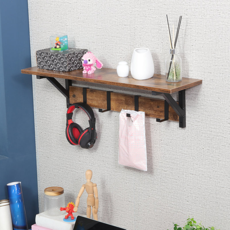 Ciardi Floating Shelf with Hooks - Wall Mounted Storage Shelf, Space Saving Organizer, Rustic Brown/Black, 1
