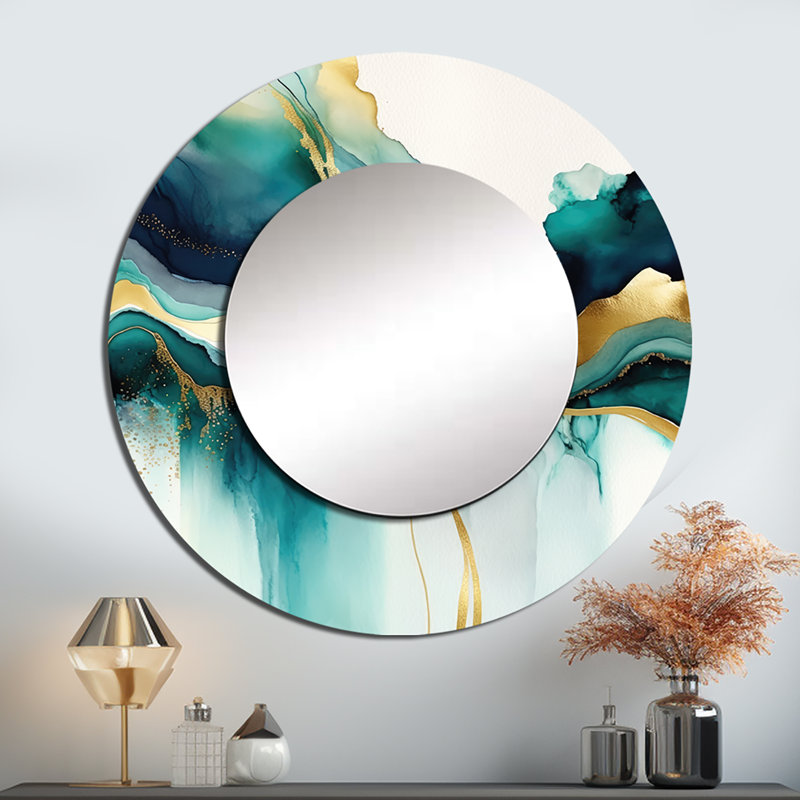 «Quention» sarcelle et or abstrait Expression I - miroir décoratif à encre liquide, miroir mural rond moderne, impression d'art en métal