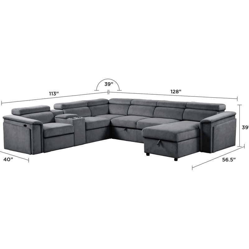 Canapé d'angle convertible en fauteuil inclinable électrique gris moderne, en bois, revêtement haute performance, appuie-tête réglables pour un confort cervical personnalisé, méridienne de rangement pour couvertures et oreillers, accoudoir dissimulé.