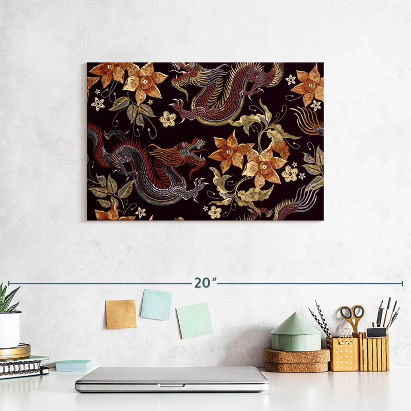 Brampt Dragon Floral Embroidery, 8" H x 12" W