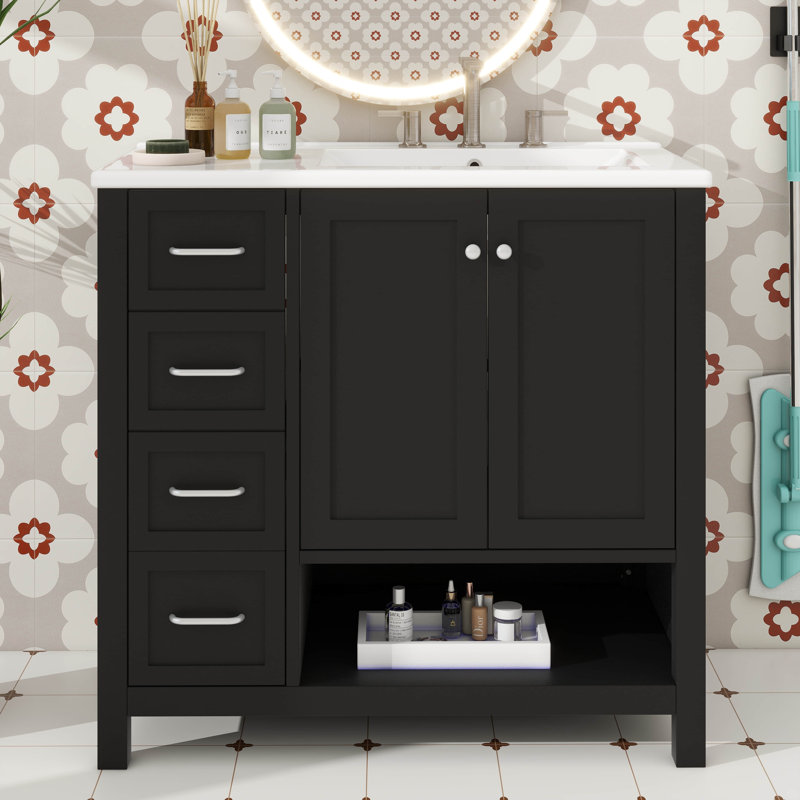 Meuble-lavabo de 36 po avec lavabo en céramique, meuble-lavabo moderne avec 2 tiroirs, portes à fermeture en douceur et tablette ouverte, meuble de salle de bain autoportant en bois massif