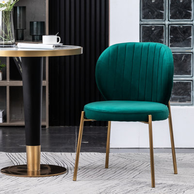 Velvet Dining Chair - Contemporary Chic Round Seat And Curved Back Thick Dense Foam Luxurious Gold Metal Assembly 19"W X 22.5"D 30.5"H Style Padding Base