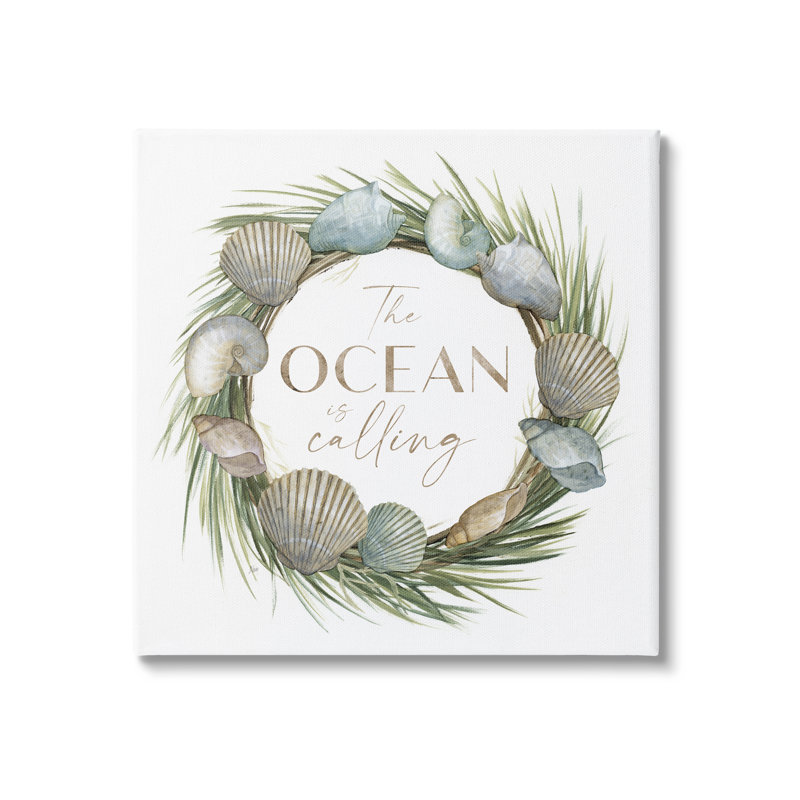 «The Ocean is Calling Quote», couronne de botanique, coquillages par Nan - impression, H 24 po x l 24 po x P 1,5 po