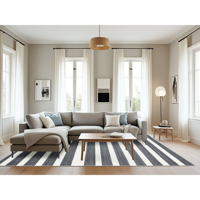 Tapis blanc à rayures horizontales lavable à la machine, Rectangulaire 8 pi x 10 pi