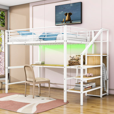 Antoni Kids Full Size Metal Loft Bed with Built-in Desk and Wardrobe