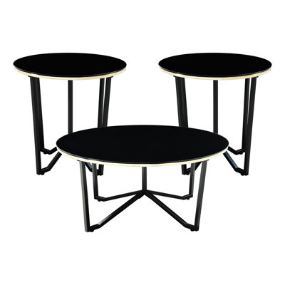 Modern 3pc Round Coffee Table And End Tables With Black Tempered Glass Top Metal Frame For Living Room Tops Bases Home