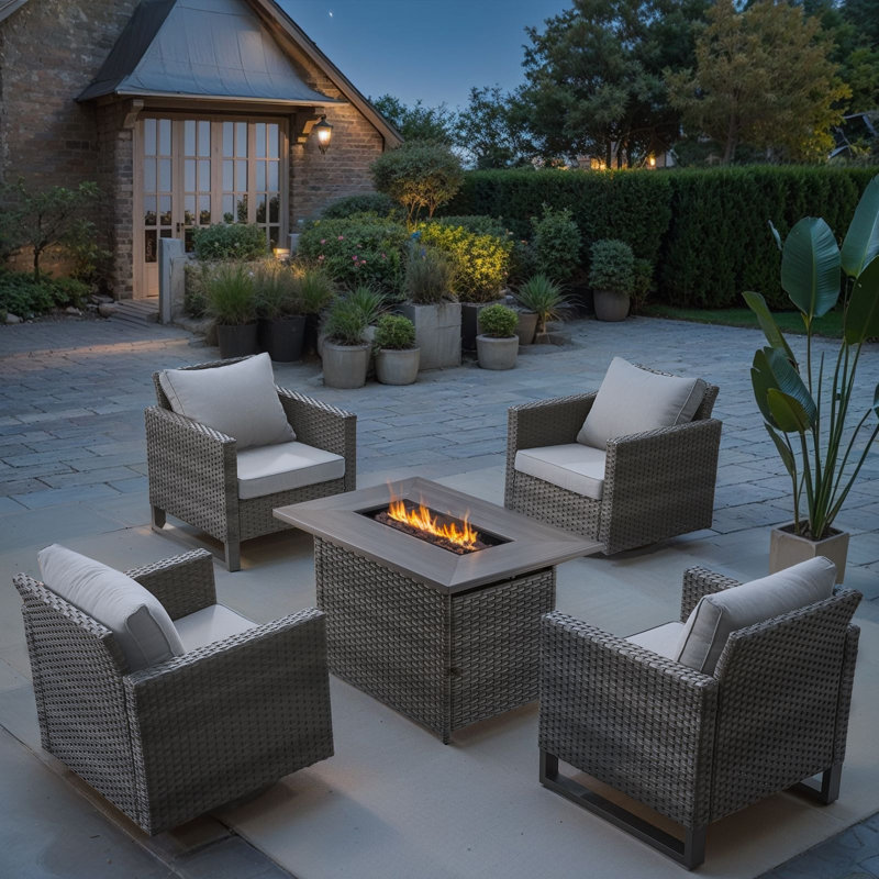 Kreda 5 - Piece Outdoor Seating Group With 41" Fire Pit With Swivel Glide Chair And Cushions, Beige, Gray