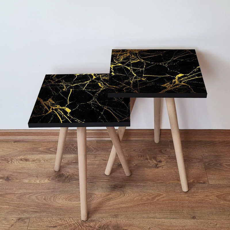 Ensemble de tables gigognes modernes (2 pièces), noir et doré, 13,8 x 18,5 x 13,8 pouces | 100% panneau de fibres à densité moyenne avec pieds en bois de hêtre, épaisseur: 0,7 pouce | Design élégant en marbre, parfait pour le salon et les espaces contemporains, élégant et fonctionnel