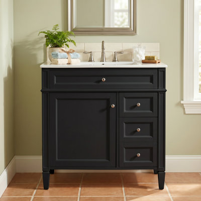 Meuble-lavabo autoportant en bois aggloméré 30 po avec lavabo en céramique blanc, armoire de salle de bain noire avec 2 tiroirs, tablettes de porte réglables et tiroir basculant