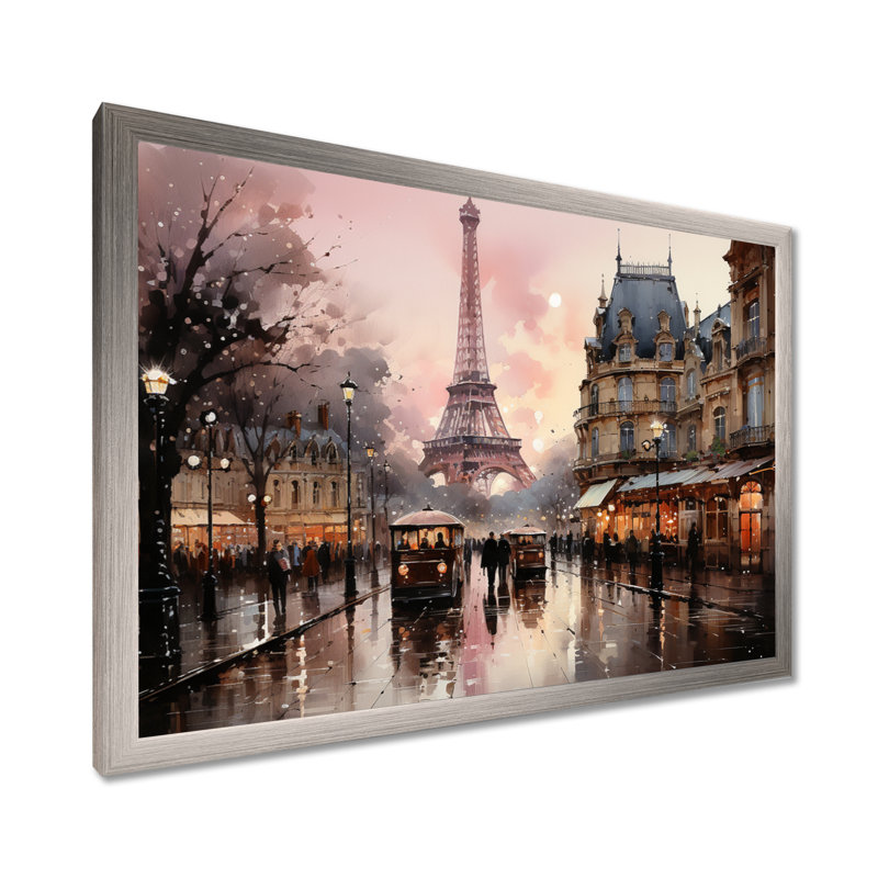 «Pink Twilight Rendezvous In Paris I», art mural de Paris pour le salon, H 24 po x l 32 po, Cadre photo unique, Argent argent
