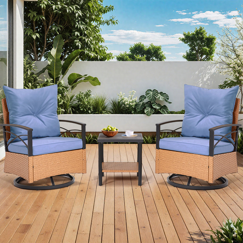 3 Pieces Patio Swivel Rocker Rattan Chairs - Outdoor Swivel Rocking Chairs With 1 Rattan Coffee Table, Perfect For Porch, Garden, And Lawn