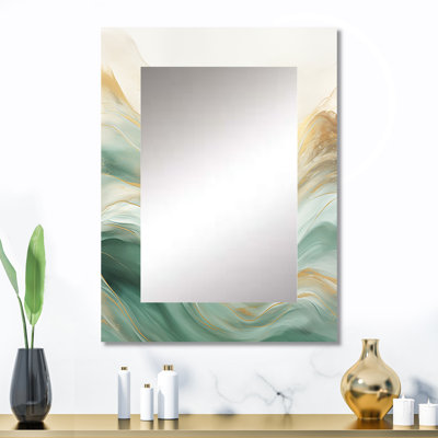 Gold And Green Soft Wave Fusion I - Abstract Shapes Unique Wall Mirror Decor, Beige Large Mirror, Printed Metal Art