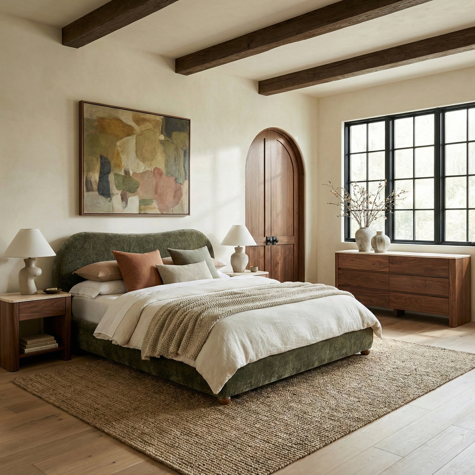Liza Upholstered Bed, Queen, Dark Green Chenille
