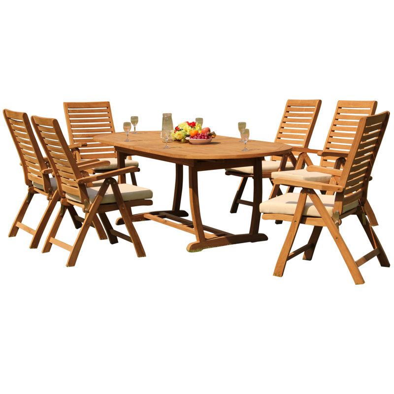6 Seats 7 Pcs Grade-A Teak Wood Dining Set: 94" Mas Oval Trestle Leg Table And 6 Ashely Folding Reclining Arm Chairs #11AS2306