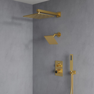 Wall Mount 12" High-Pressure Rainfall Shower Faucet, Dual Rainfall Shower Head System with Thermostatic Valve