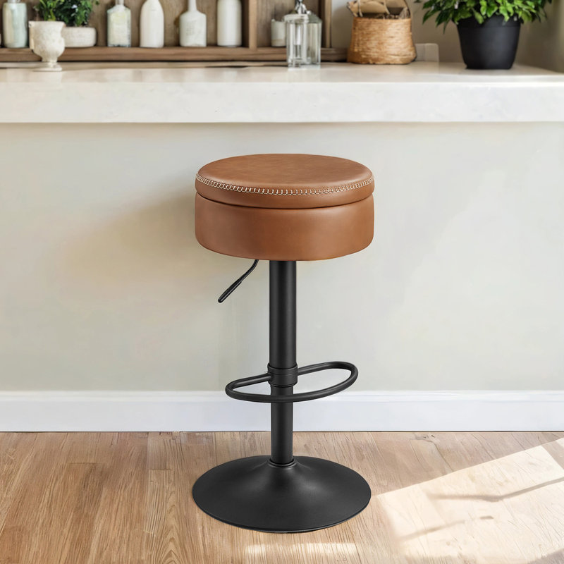 Tabouret de bar pivotant à 360 °, tabouret de bar réglable en hauteur avec rangement, cuir synthétique avec coutures, Brun