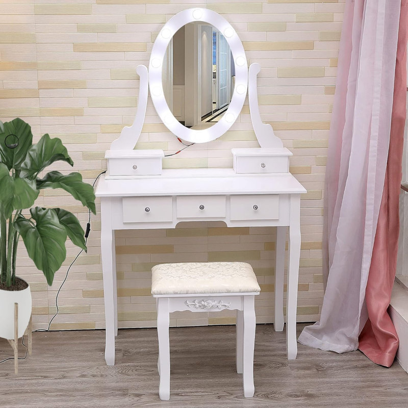 Modern Vanity Table with Mirrors and LED Light,2 in 1 Makeup Vanity Table Set with Chairs,Dressing Table with 5 Storage Drawers,3 Colors Lighting Modes