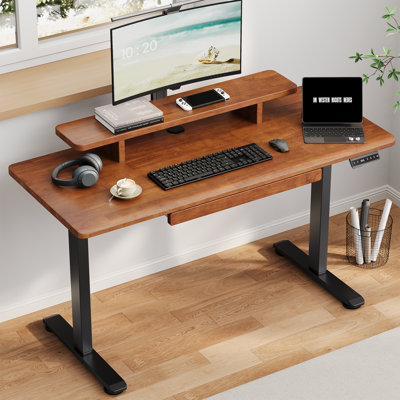 Height Adjustable Electric Standing Desk With Solid Wood Desktop And Monitor Stand, 47X23.6 Inches Whole-Piece Board Rectangle Stand Up Desk, Memory C