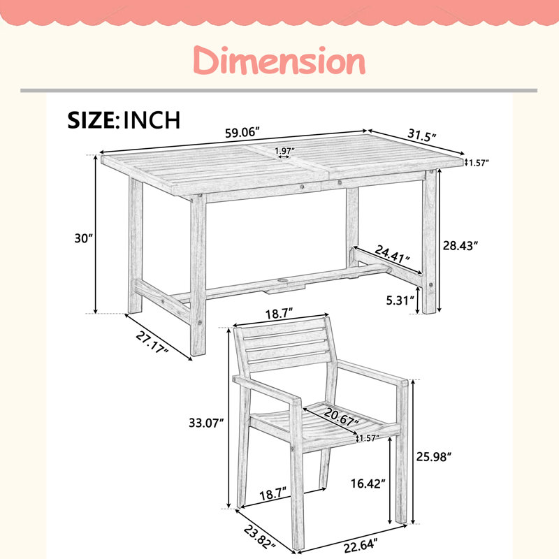 Ensemble de salle à manger d'extérieur 5 pièces en bois d'acacia de 4,59,06 pouces avec trou pour parasol, Light Brown/White