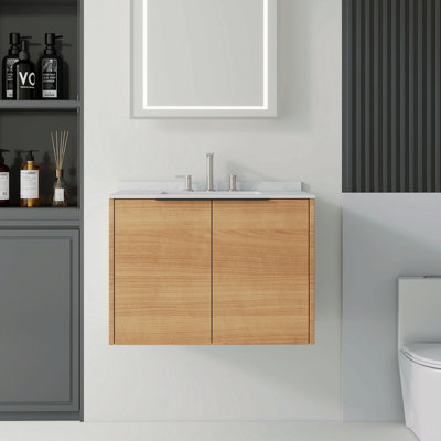 Meuble-lavabo flottant 30 po avec lavabo, porte à fermeture en douceur, comptoir et dosseret en marbre de culture blanc de 0,6 po Carrara