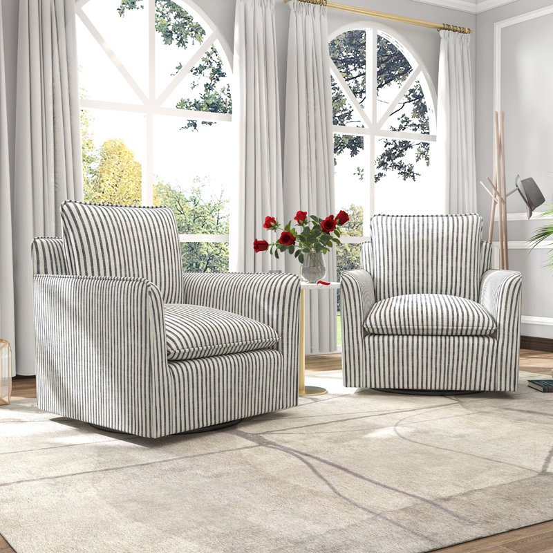Romines 29.7" W Modern Soft Stripe Upholstered Swivel Barrel Chair with Removable Cushion, Blue Polyester