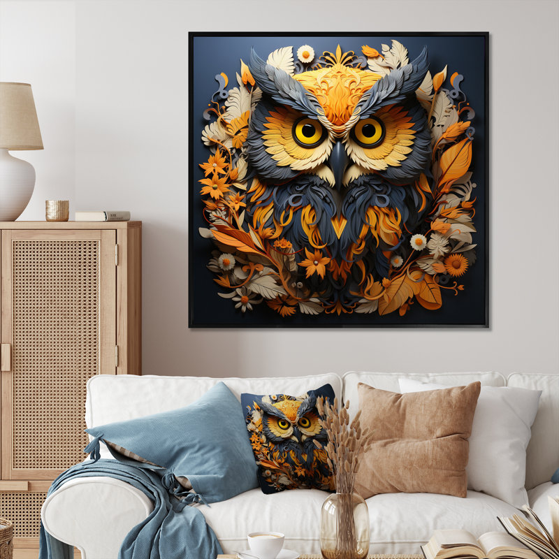 Yellow Owl Wise Owl Papercut - Animals Canvas Wall Art, H 16 po x l 16 po x P 1 po, Cadre flottant noir