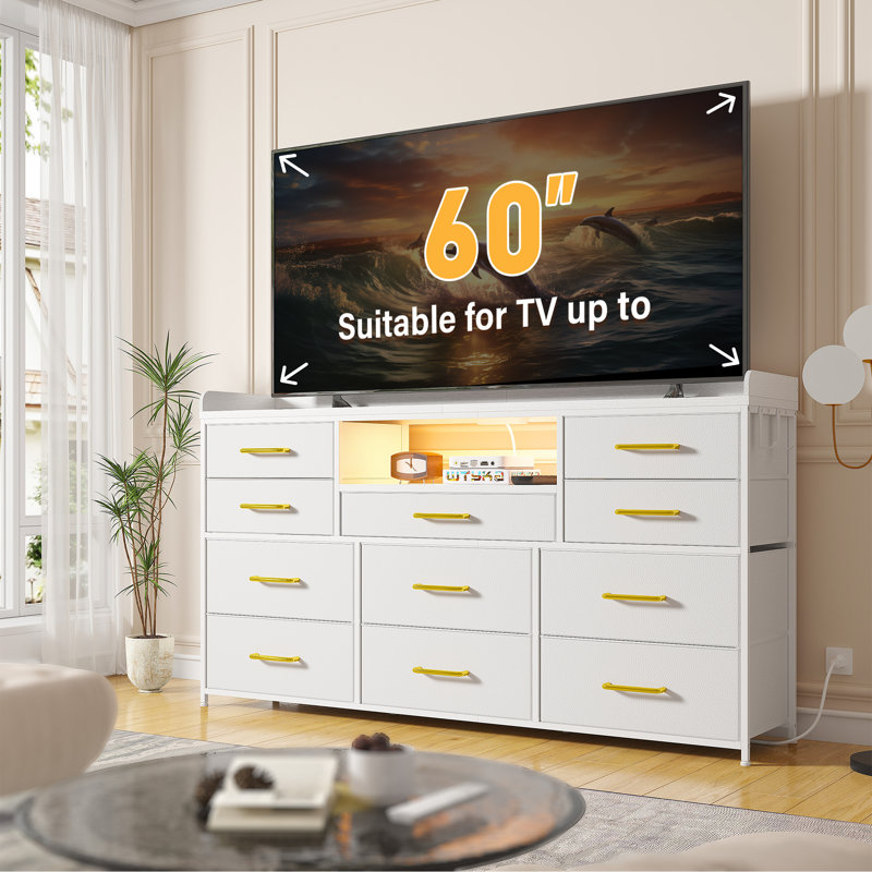 11-Drawer Dresser TV Stand with LED Lights & Power Outlets - Bedroom Media Console, Fabric Drawers & Hooks, White