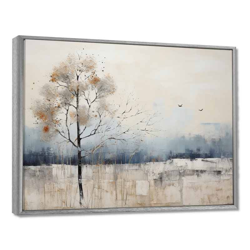 Minimalisme beige et bleu campagne II - impressions sur toile campagne, H 34 po x l 44 po x P 1,5 po, Encadrement argenté