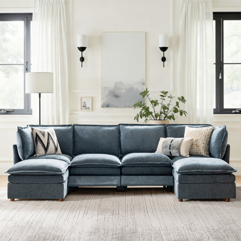 Canapé modulaire surdimensionné à double couche avec rangement et pédale extensible Cashin, Polyester bleu