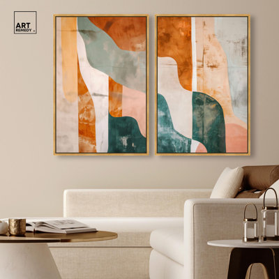 Citrus Wave Pair Canvas Print Abstract Wall Art Set by Art Remedy, Black Frame, 10 x 15