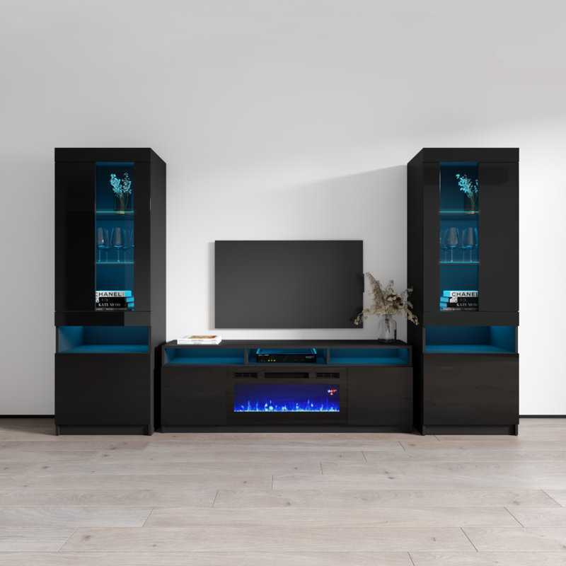 Azniv 110.2" Modern Entertainment Center with Electric Fireplace, High Gloss Finish, Media Storage, Black