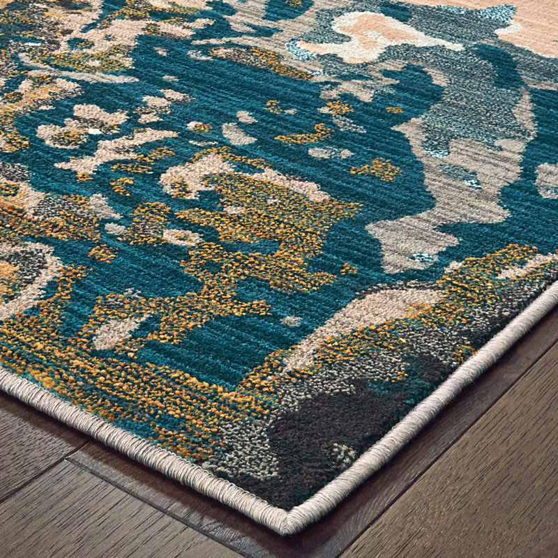 Tapis abstrait bleu / doré Jovie, Rectangle 9 pi 10 po x 12 pi 10 po