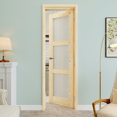 24" x 80" 3-Lite Pine Wood & Frosted Glass Interior Prehung Door with Curve Lever and Silver Hinges, Privacy Glass Door Slab, Paintable & Waterproof, Suit for Laundry, Closet Doors, Room Doors, Right Hand