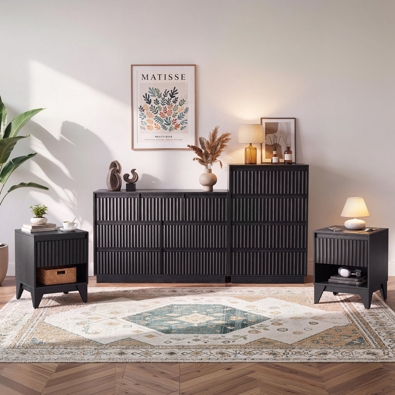 Ensemble de chambre à coucher Stanton 4 pièces, commode à 7 tiroirs, commode à 5 tiroirs et 2 tables de chevet, Noir