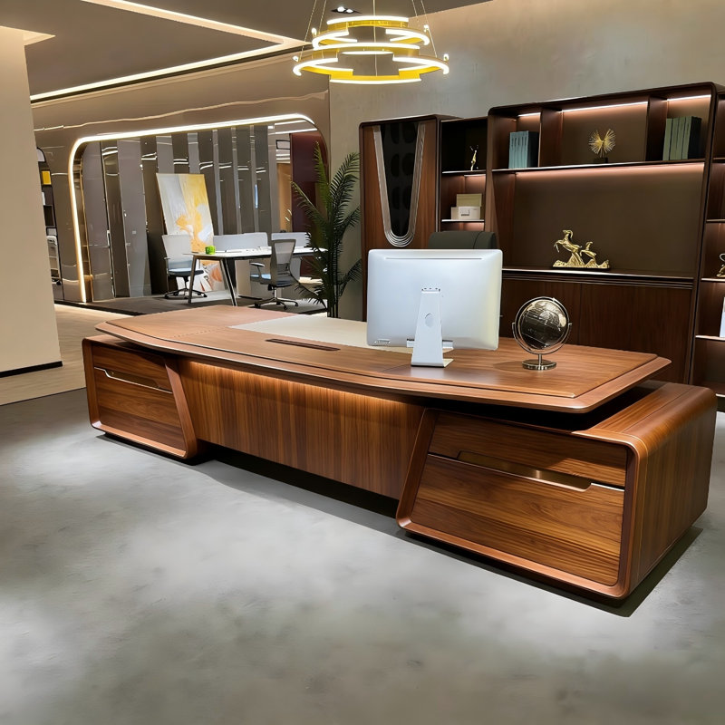 Bureau de direction 86,61 po luxueux et haut de gamme en bois de cire blanc brun, H 29,53 po x l 86,61 po x P 31,5 po