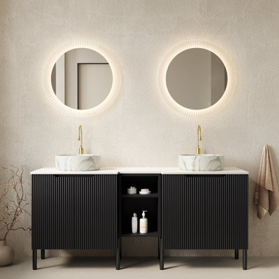 Turio Freestanding Double Bathroom Vanity With Sinks, 2X24" Striped Storage Cabinets + 12" Removable Open Shelf, 2 White Round Stone Pattern Vessel Basins With Carrara White Countertop, Black