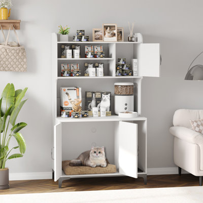 Enceinte de litière pour chat 51 "avec tablettes, meuble caché 2-en-1 pour chat avec porte et armoire de rangement indépendante