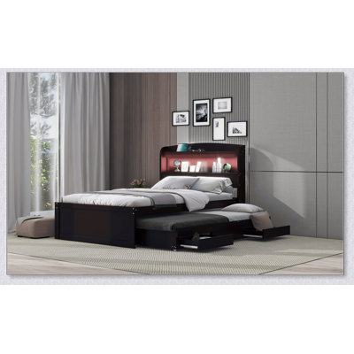 Platform Bed With LED Headboard, Charging Station, Twin Size Trundle And Drawers