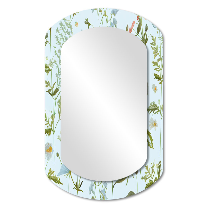 «Melis Blossoming Pastel Wildflowers On Light Blue VI», miroir décoratif cylindrique floral, miroir mural asymétrique traditionnel, impression d'art en métal