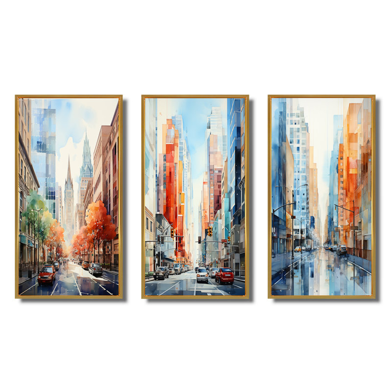 «Skyscrapers Urban Heights», 3 pièces sur toile, Cadre flottant doré, H 20 po x l 36 po
