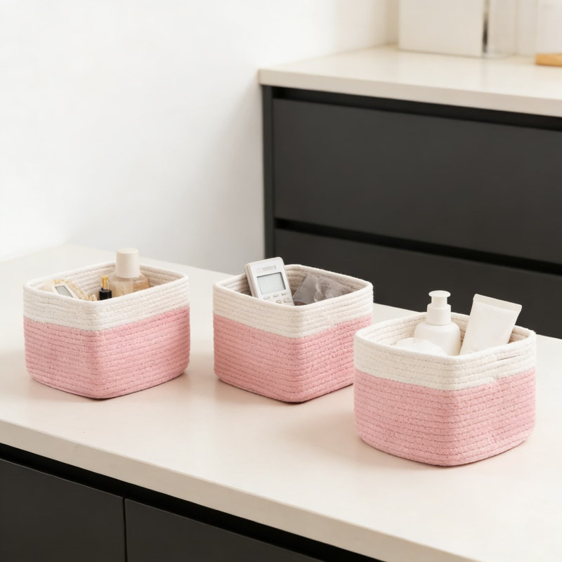 Cotton Rope Woven Storage Baskets, 3-Pack Cube Organizer Bins With Reinforced Handles For Shelves, Closets, And Home Organization